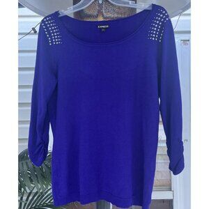 Express Top Large Purple Knit Studs Ruched 3/4 Sleeves NWT